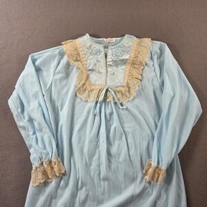 Vintage Erica Loren Nightgown NEW Womens Small Blue Lace Trim Long Sleeve
